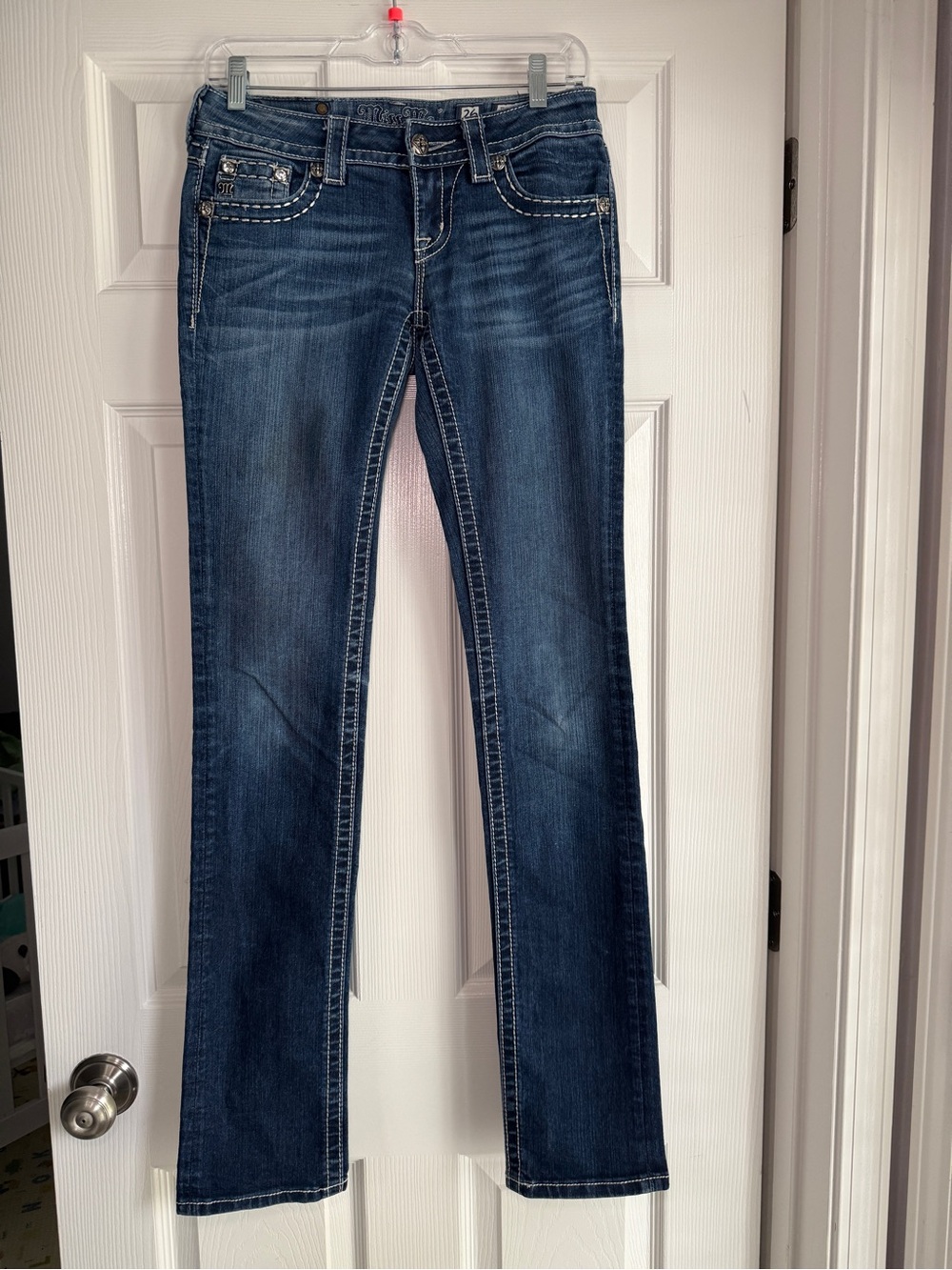 Miss Me Dark Blue Straight Cut Jeans with Bedazzled Butt Y2K
